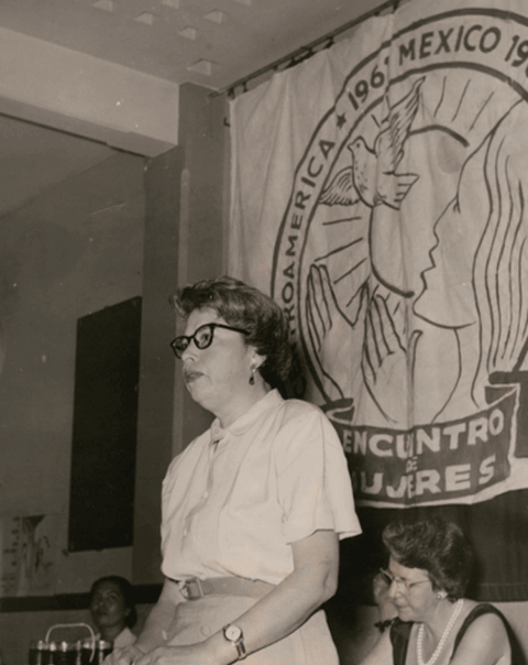 Francisca Flores addressing the First Convention of Women from Mexico, Central America, and the Caribbean, Mexico City, 1961. The California Ethnic and Multicultural Archives (CEMA), Department of Special Research Collections, UCSB Library, University of California, Santa Barbara.