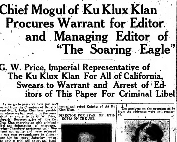 “Chief Mogul of Klu Klux Klan Procures Warrant for Editor and Managing Editor of “The Soaring Eagle.” California Eagle. May 15, 1925