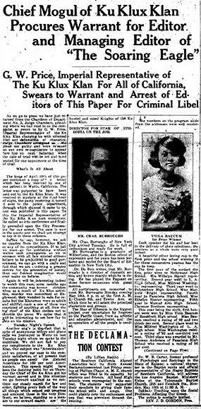 “Chief Mogul of Klu Klux Klan Procures Warrant for Editor and Managing Editor of “The Soaring Eagle.” California Eagle. May 15, 1925