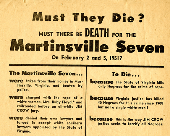 Martinsville Seven broadside, ca. 1950, State Records Collection, Courtesy of the Library of Virginia