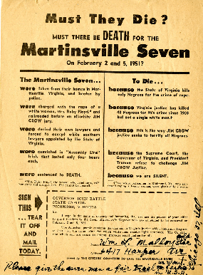 AMartinsville Seven broadside, ca. 1950, State Records Collection, Courtesy of the Library of Virginia