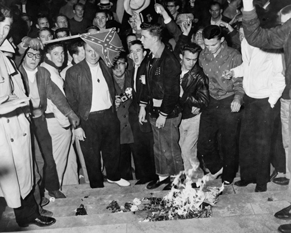 University of Alabama students burn desegregation literature during demonstration against the enrollment of Autherine Lucy, Tuscaloosa, AL, 1956. Library of Congress Prints and Photographs Division