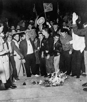 University of Alabama students burn desegregation literature during demonstration against the enrollment of Autherine Lucy, Tuscaloosa, AL, 1956. Library of Congress Prints and Photographs Division