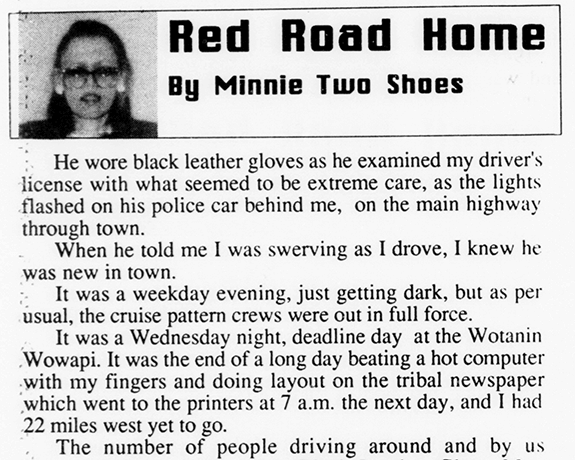 Minnie Two Shoes. “Red Road Home.” Wontanin Wowapi, March 16, 1995