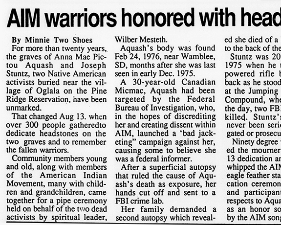 Minnie Two Shoes, “AIM warriors honored with headstone dedication.” Wontanin Wowapi, August 29, 1996